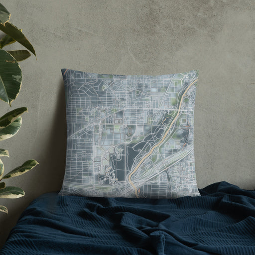 Custom Cultural District Fort Worth Map Throw Pillow in Afternoon on Bedding Against Wall