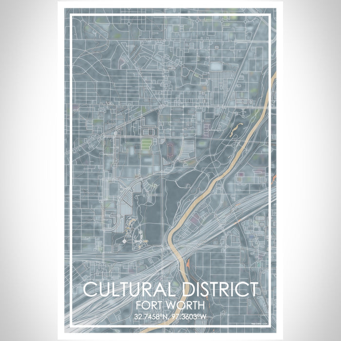 Cultural District Fort Worth Map Print Portrait Orientation in Afternoon Style With Shaded Background