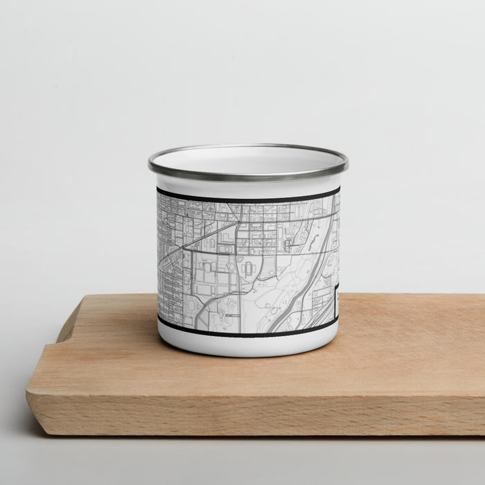 Front View Custom Cultural District Fort Worth Map Enamel Mug in Classic on Cutting Board