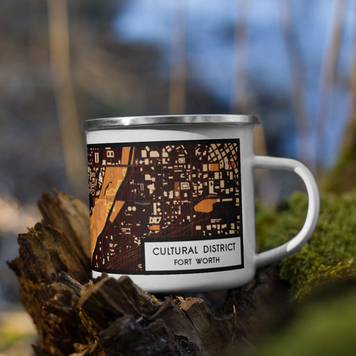 Right View Custom Cultural District Fort Worth Map Enamel Mug in Ember on Grass With Trees in Background