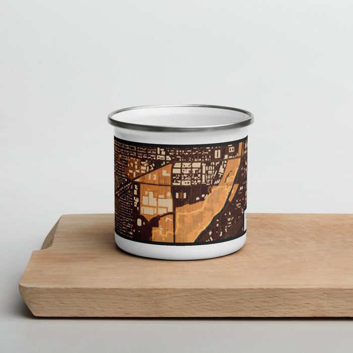 Front View Custom Cultural District Fort Worth Map Enamel Mug in Ember on Cutting Board