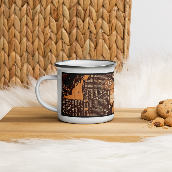 Left View Custom Cultural District Fort Worth Map Enamel Mug in Ember on Table Top