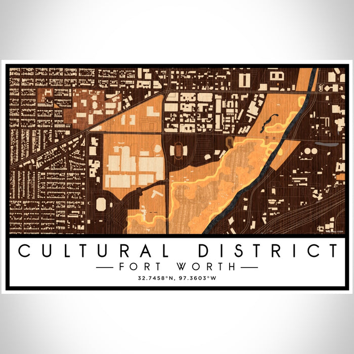 Cultural District Fort Worth Map Print Landscape Orientation in Ember Style With Shaded Background
