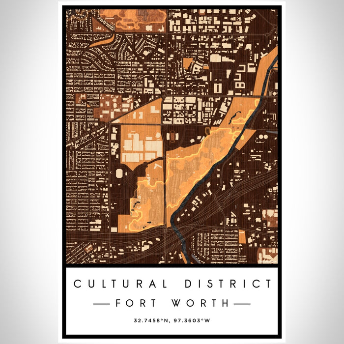 Cultural District Fort Worth Map Print Portrait Orientation in Ember Style With Shaded Background