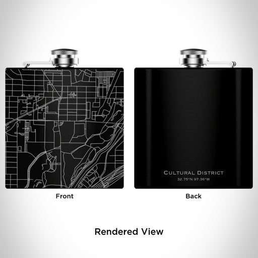 Rendered View of Cultural District Fort Worth Map Engraving on 6oz Stainless Steel Flask in Black