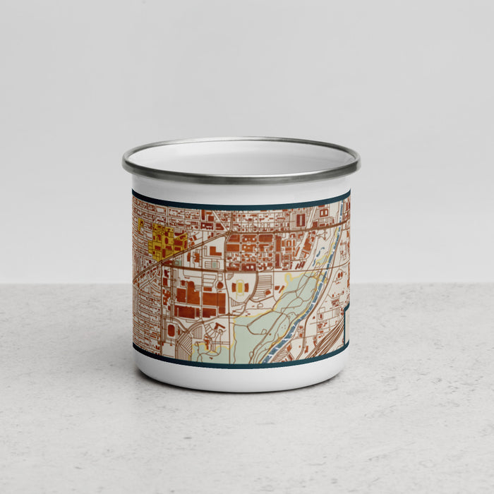 Front View Custom Cultural District Fort Worth Map Enamel Mug in Woodblock