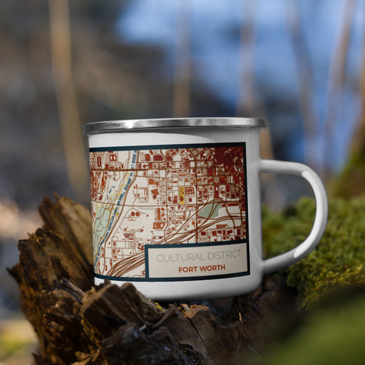 Right View Custom Cultural District Fort Worth Map Enamel Mug in Woodblock on Grass With Trees in Background