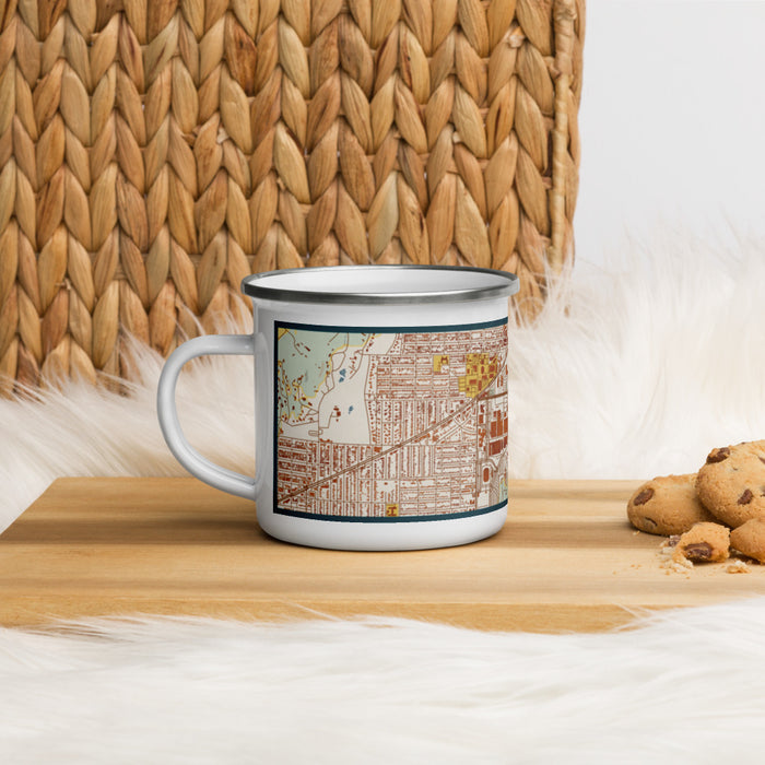 Left View Custom Cultural District Fort Worth Map Enamel Mug in Woodblock on Table Top