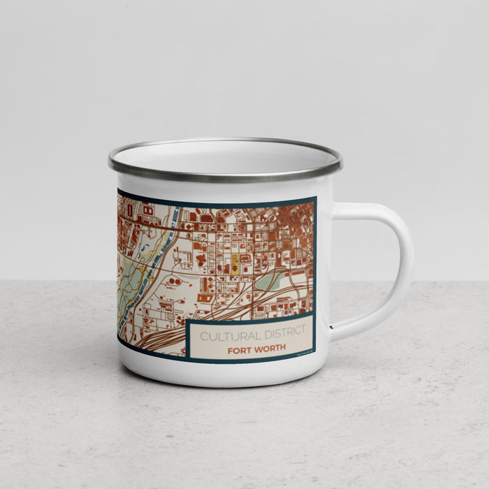 Right View Custom Cultural District Fort Worth Map Enamel Mug in Woodblock