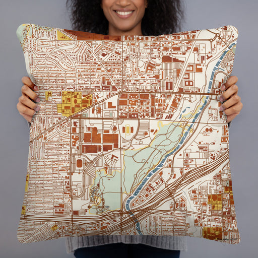 Person holding 22x22 Custom Cultural District Fort Worth Map Throw Pillow in Woodblock