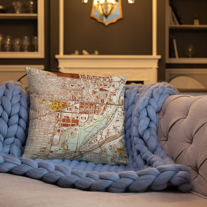 Custom Cultural District Fort Worth Map Throw Pillow in Woodblock on Cream Colored Couch