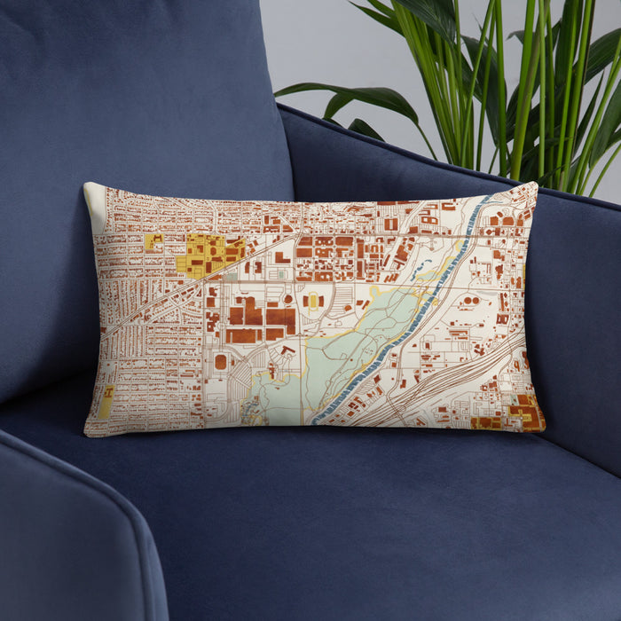 Custom Cultural District Fort Worth Map Throw Pillow in Woodblock on Blue Colored Chair