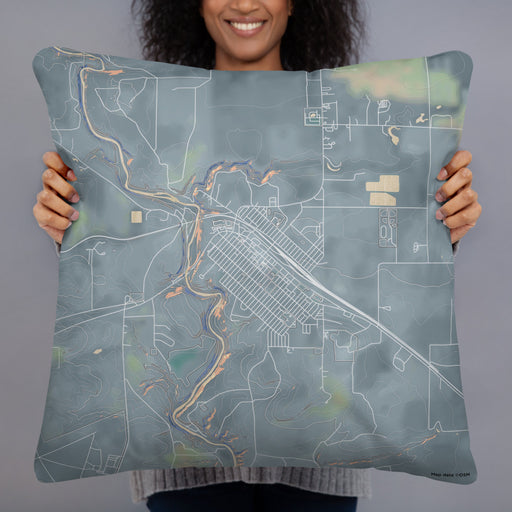 Person holding 22x22 Custom Cut Bank Montana Map Throw Pillow in Afternoon