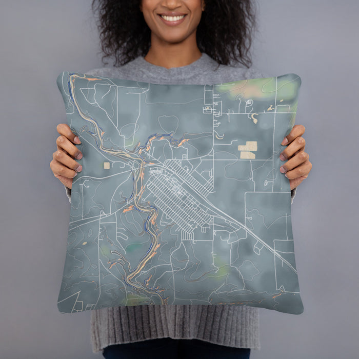 Person holding 18x18 Custom Cut Bank Montana Map Throw Pillow in Afternoon
