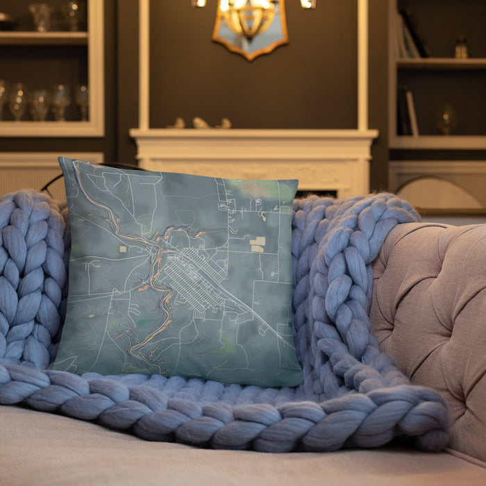 Custom Cut Bank Montana Map Throw Pillow in Afternoon on Cream Colored Couch