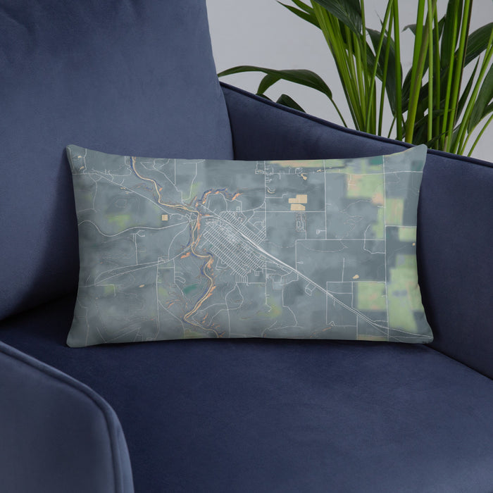 Custom Cut Bank Montana Map Throw Pillow in Afternoon on Blue Colored Chair