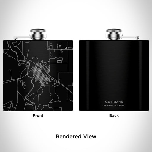 Rendered View of Cut Bank Montana Map Engraving on 6oz Stainless Steel Flask in Black