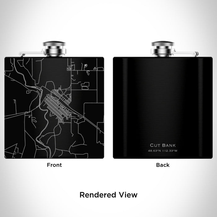 Rendered View of Cut Bank Montana Map Engraving on 6oz Stainless Steel Flask in Black