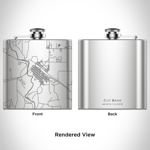 Rendered View of Cut Bank Montana Map Engraving on 6oz Stainless Steel Flask
