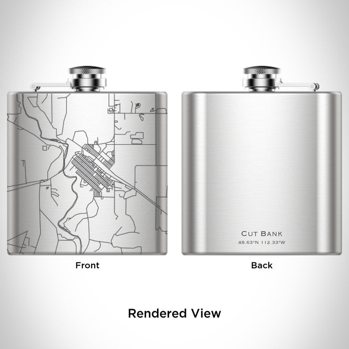 Rendered View of Cut Bank Montana Map Engraving on 6oz Stainless Steel Flask