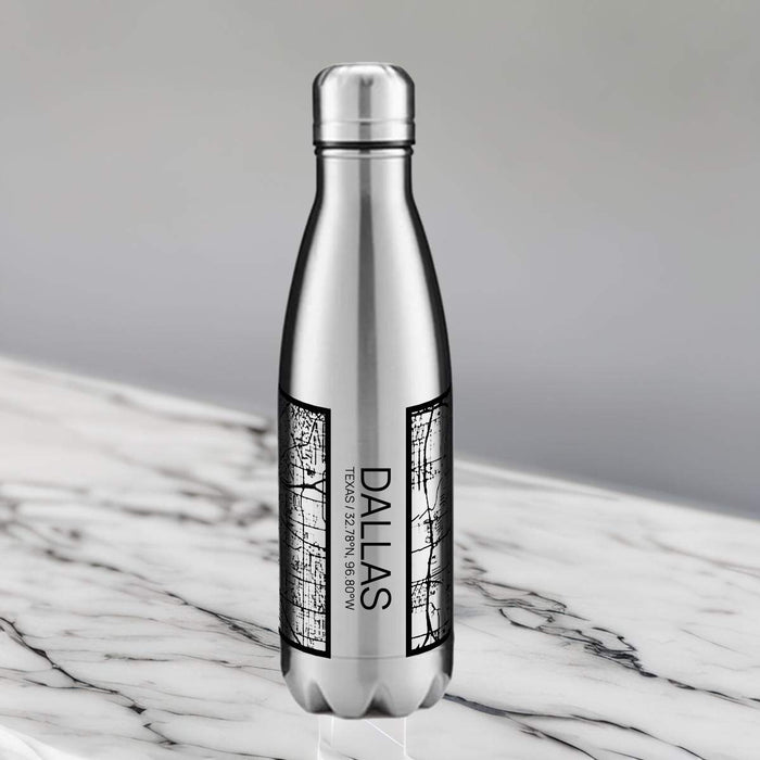 Dallas Texas Custom City Map Inscription Coordinates on 17oz Stainless Steel Insulated Cola Bottle in Stainless