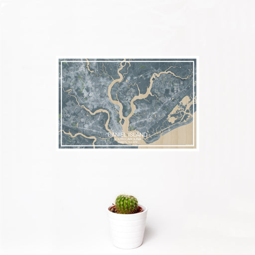 12x18 Daniel Island South Carolina Map Print Landscape Orientation in Afternoon Style With Small Cactus Plant in White Planter