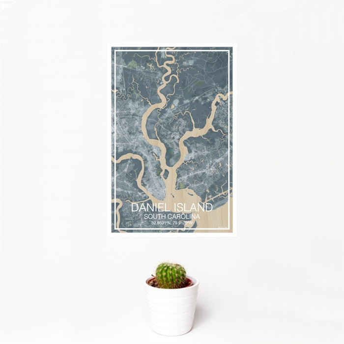12x18 Daniel Island South Carolina Map Print Portrait Orientation in Afternoon Style With Small Cactus Plant in White Planter