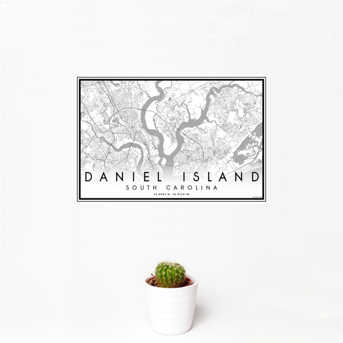 12x18 Daniel Island South Carolina Map Print Landscape Orientation in Classic Style With Small Cactus Plant in White Planter