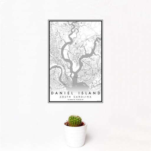 12x18 Daniel Island South Carolina Map Print Portrait Orientation in Classic Style With Small Cactus Plant in White Planter