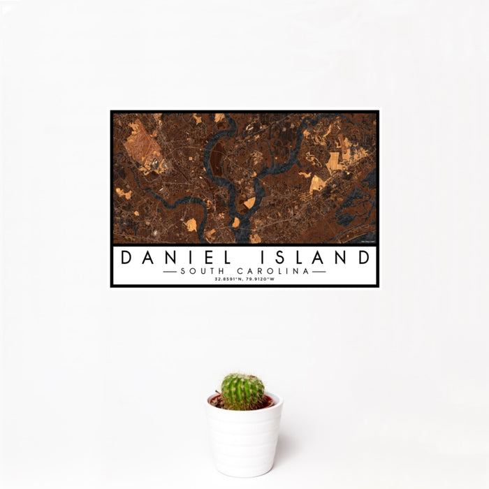 12x18 Daniel Island South Carolina Map Print Landscape Orientation in Ember Style With Small Cactus Plant in White Planter