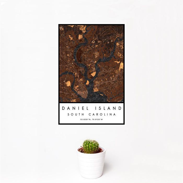 12x18 Daniel Island South Carolina Map Print Portrait Orientation in Ember Style With Small Cactus Plant in White Planter