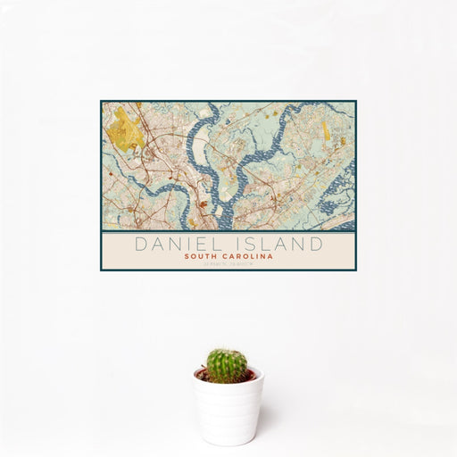 12x18 Daniel Island South Carolina Map Print Landscape Orientation in Woodblock Style With Small Cactus Plant in White Planter