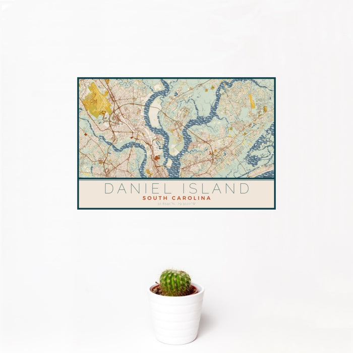 12x18 Daniel Island South Carolina Map Print Landscape Orientation in Woodblock Style With Small Cactus Plant in White Planter