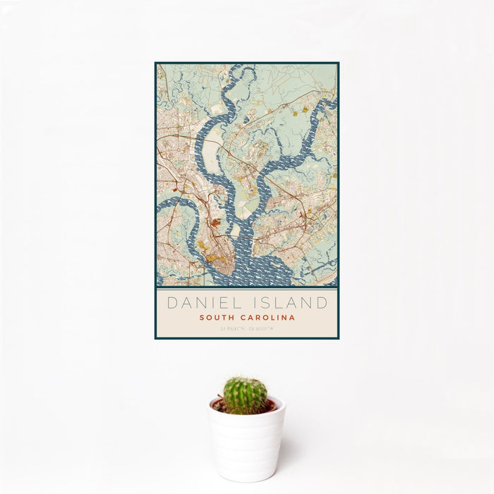 12x18 Daniel Island South Carolina Map Print Portrait Orientation in Woodblock Style With Small Cactus Plant in White Planter