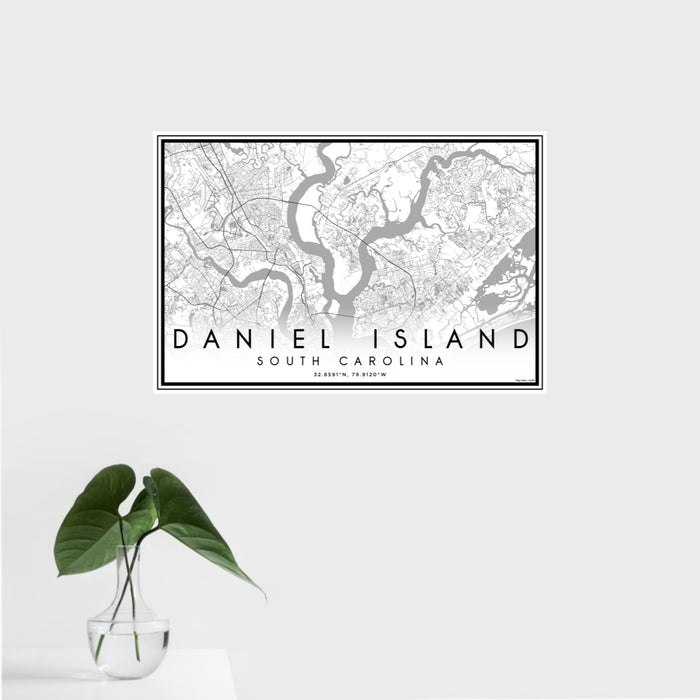 16x24 Daniel Island South Carolina Map Print Landscape Orientation in Classic Style With Tropical Plant Leaves in Water