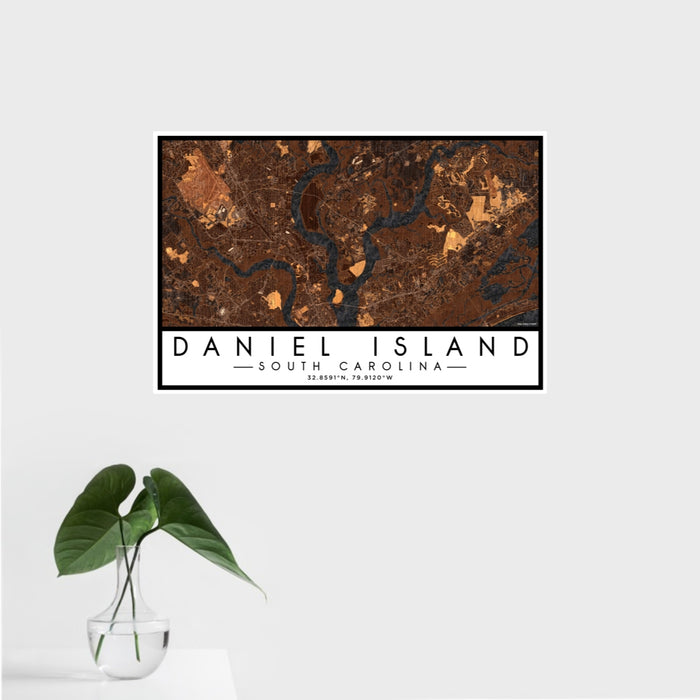 16x24 Daniel Island South Carolina Map Print Landscape Orientation in Ember Style With Tropical Plant Leaves in Water