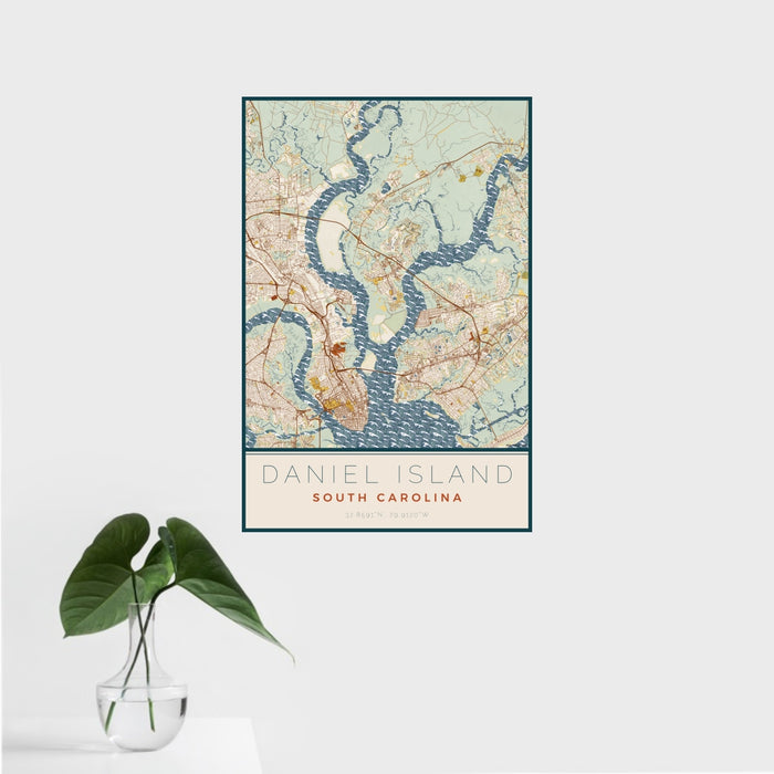 16x24 Daniel Island South Carolina Map Print Portrait Orientation in Woodblock Style With Tropical Plant Leaves in Water