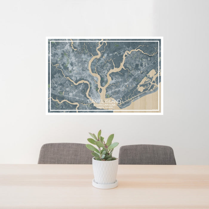 24x36 Daniel Island South Carolina Map Print Landscape Orientation in Afternoon Style Behind 2 Chairs Table and Potted Plant