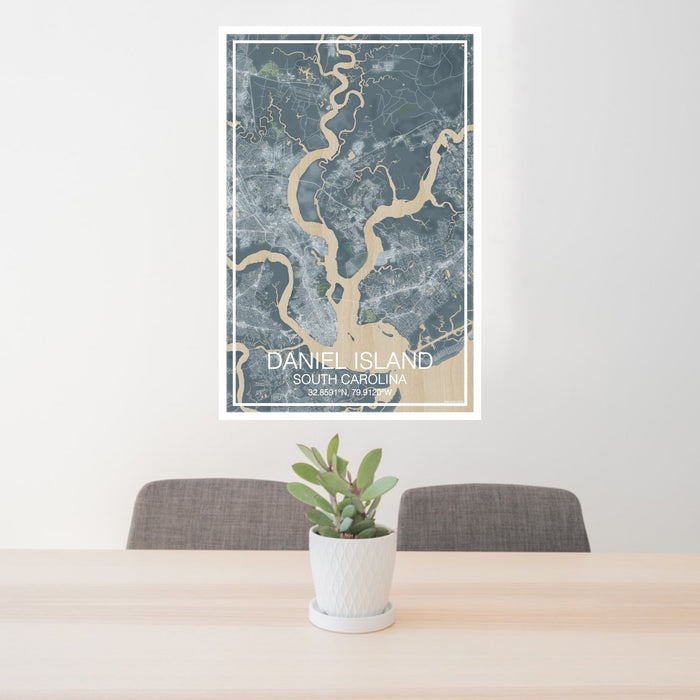 24x36 Daniel Island South Carolina Map Print Portrait Orientation in Afternoon Style Behind 2 Chairs Table and Potted Plant