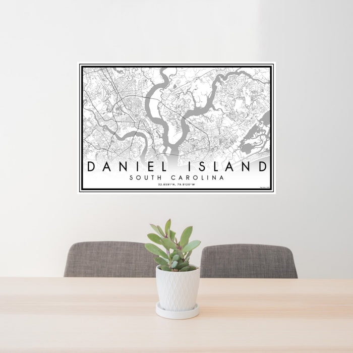 24x36 Daniel Island South Carolina Map Print Landscape Orientation in Classic Style Behind 2 Chairs Table and Potted Plant