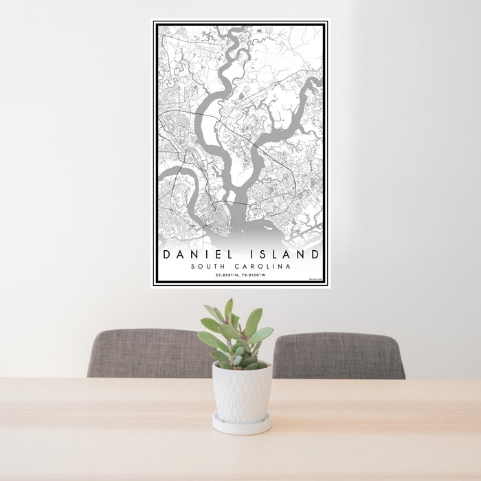 24x36 Daniel Island South Carolina Map Print Portrait Orientation in Classic Style Behind 2 Chairs Table and Potted Plant