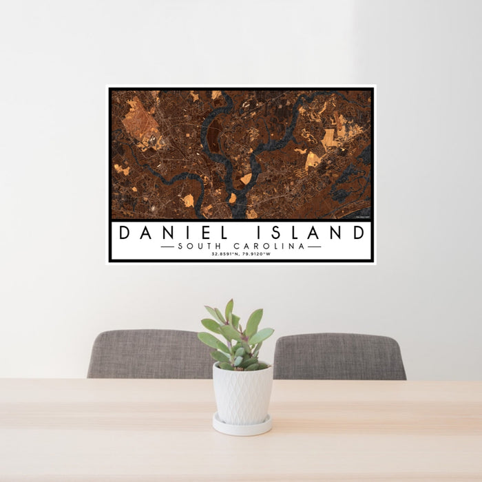 24x36 Daniel Island South Carolina Map Print Landscape Orientation in Ember Style Behind 2 Chairs Table and Potted Plant