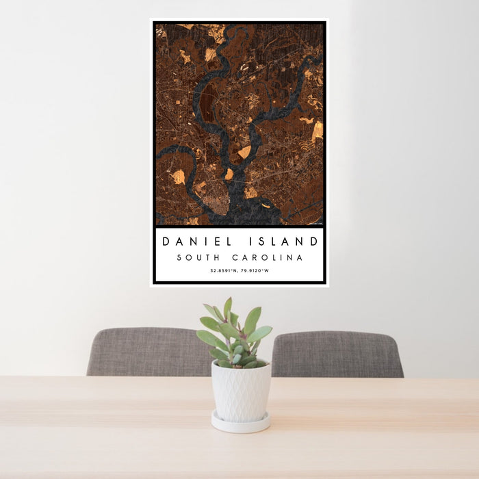 24x36 Daniel Island South Carolina Map Print Portrait Orientation in Ember Style Behind 2 Chairs Table and Potted Plant