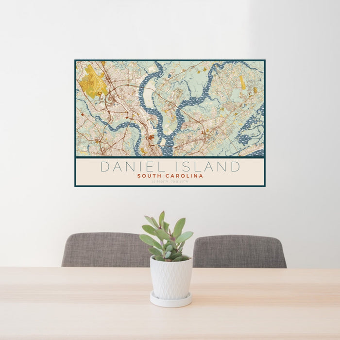 24x36 Daniel Island South Carolina Map Print Landscape Orientation in Woodblock Style Behind 2 Chairs Table and Potted Plant
