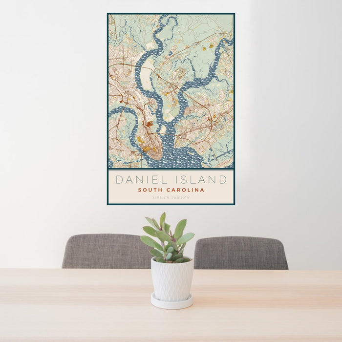 24x36 Daniel Island South Carolina Map Print Portrait Orientation in Woodblock Style Behind 2 Chairs Table and Potted Plant