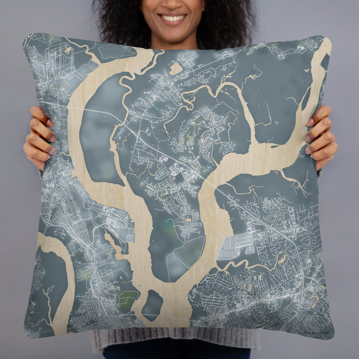 Person holding 22x22 Custom Daniel Island South Carolina Map Throw Pillow in Afternoon