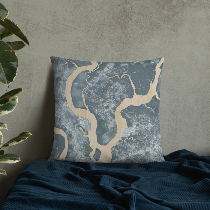 Custom Daniel Island South Carolina Map Throw Pillow in Afternoon on Bedding Against Wall