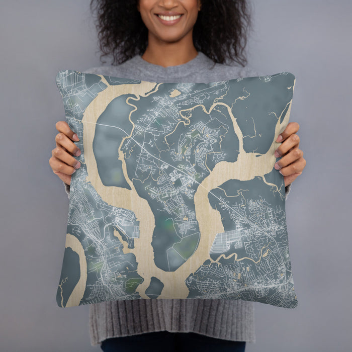 Person holding 18x18 Custom Daniel Island South Carolina Map Throw Pillow in Afternoon