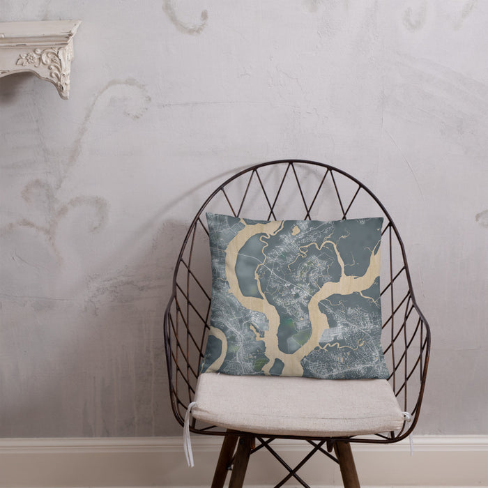 Custom Daniel Island South Carolina Map Throw Pillow in Afternoon on Cream Colored Couch