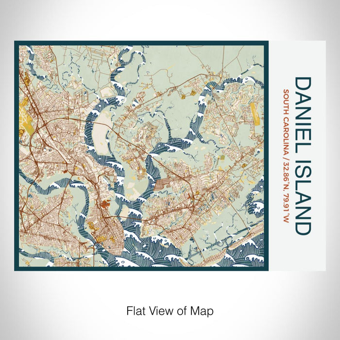 Rendered View of Daniel Island South Carolina Map on 20oz Stainless Steel Insulated Bottle with Bamboo Top with printed woodblock style map